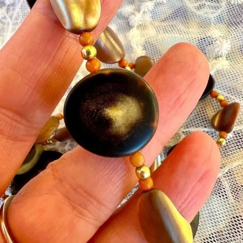 Vintage 70's Natural Horn, Coral & Abalone Shell Necklace 25”